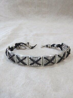 Brighton Panel Link and Cord Toggle Bracelet Silvertone 7"